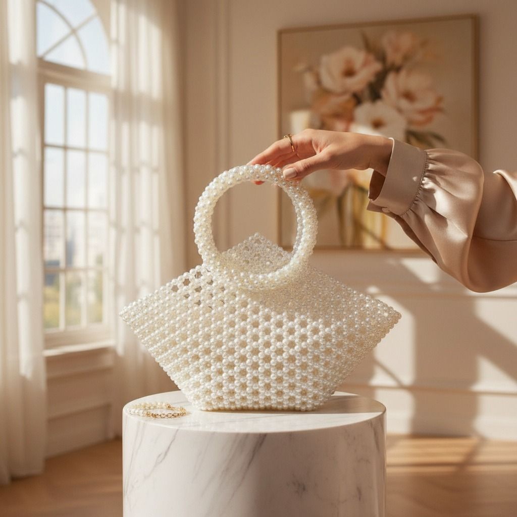 Top Handle Trapeze Cream Pearl Woven Handbag Bag