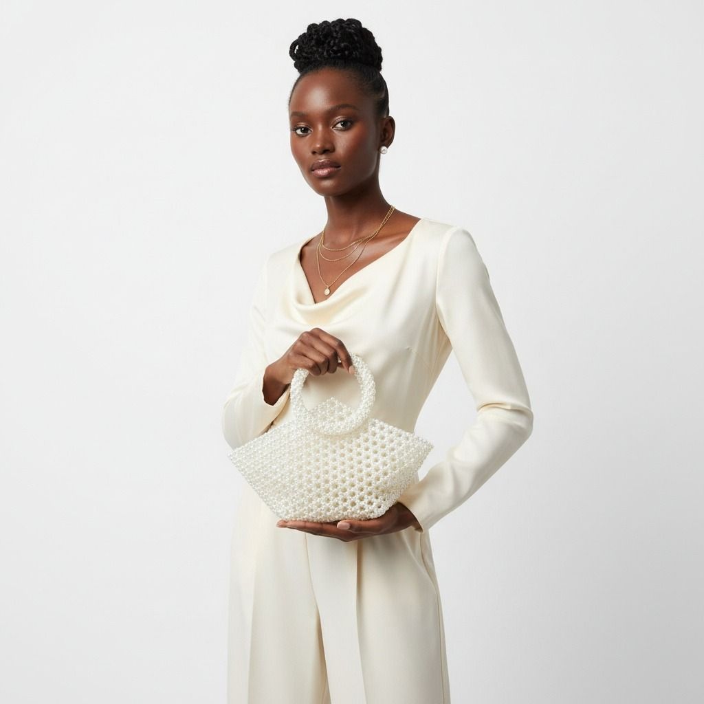 Top Handle Trapeze Cream Pearl Woven Handbag Bag