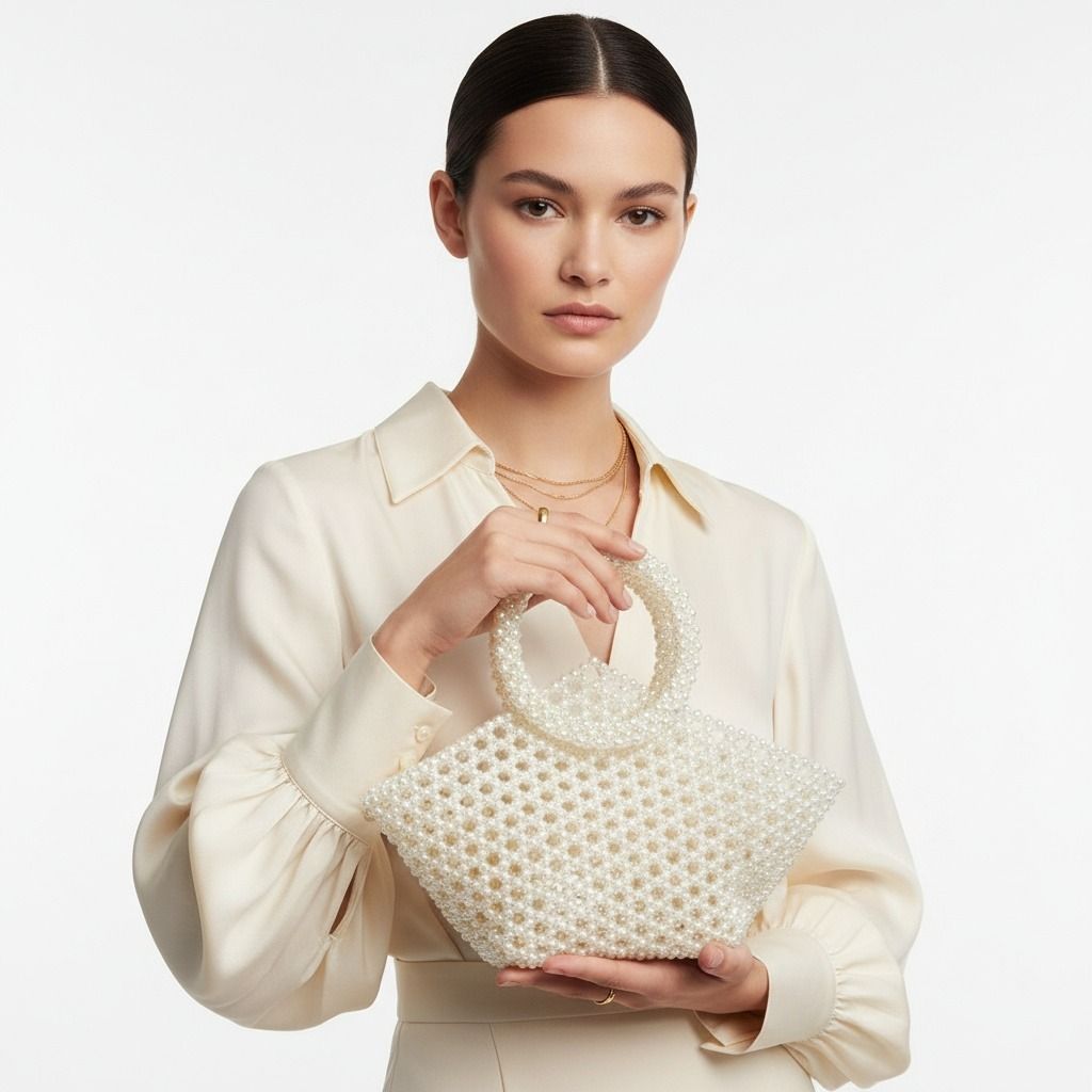 Top Handle Trapeze Cream Pearl Woven Handbag Bag