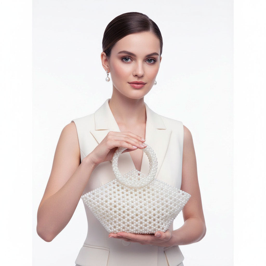 Top Handle Trapeze White Pearl Woven Handbag Bag