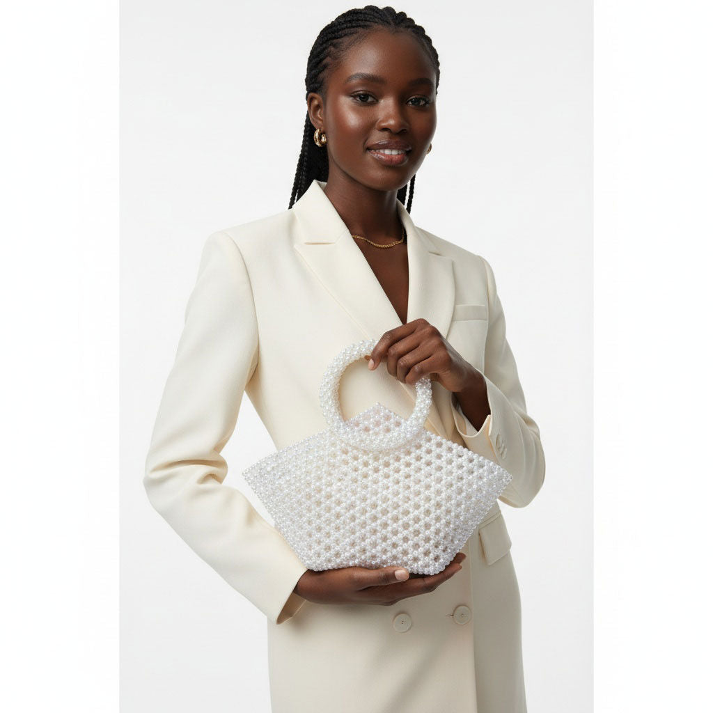 Top Handle Trapeze White Pearl Woven Handbag Bag