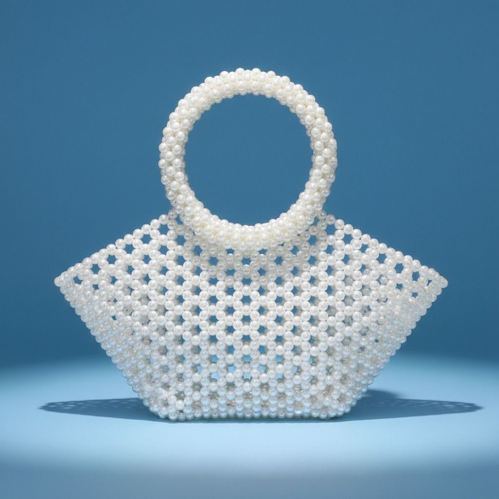 Top Handle Trapeze White Pearl Woven Handbag Bag