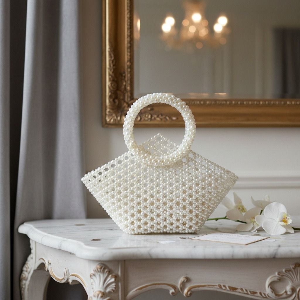 Top Handle Trapeze White Pearl Woven Handbag Bag