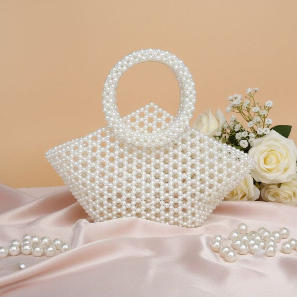 Top Handle Trapeze White Pearl Woven Handbag Bag