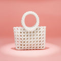 Top Handle Square Cream Pearl Woven Handbag