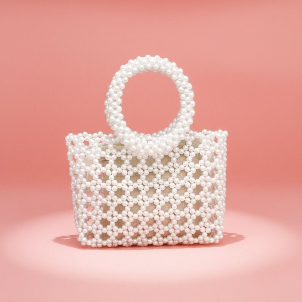 Top Handle Square Cream Pearl Woven Handbag