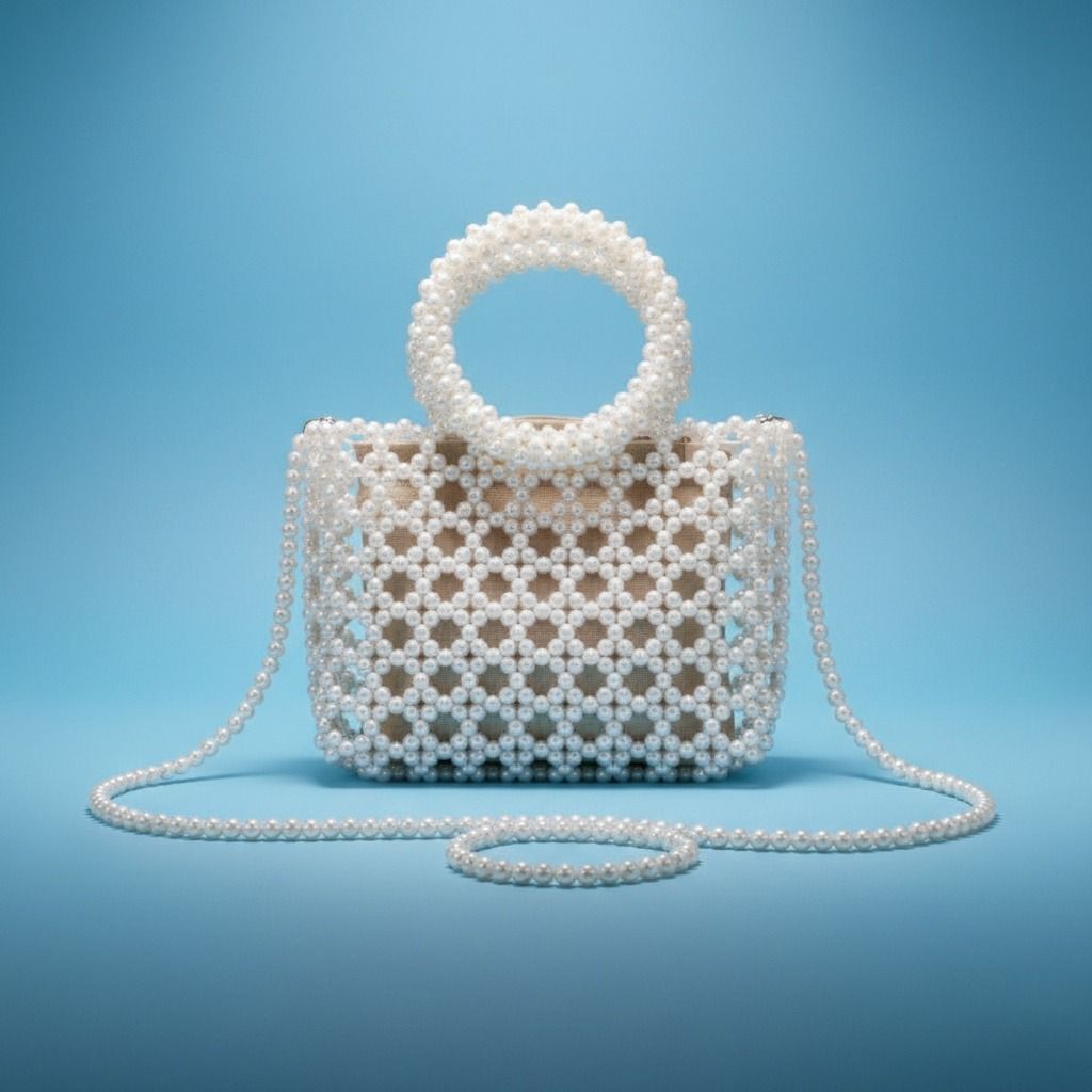 Top Handle Square White Pearl Woven Handbag
