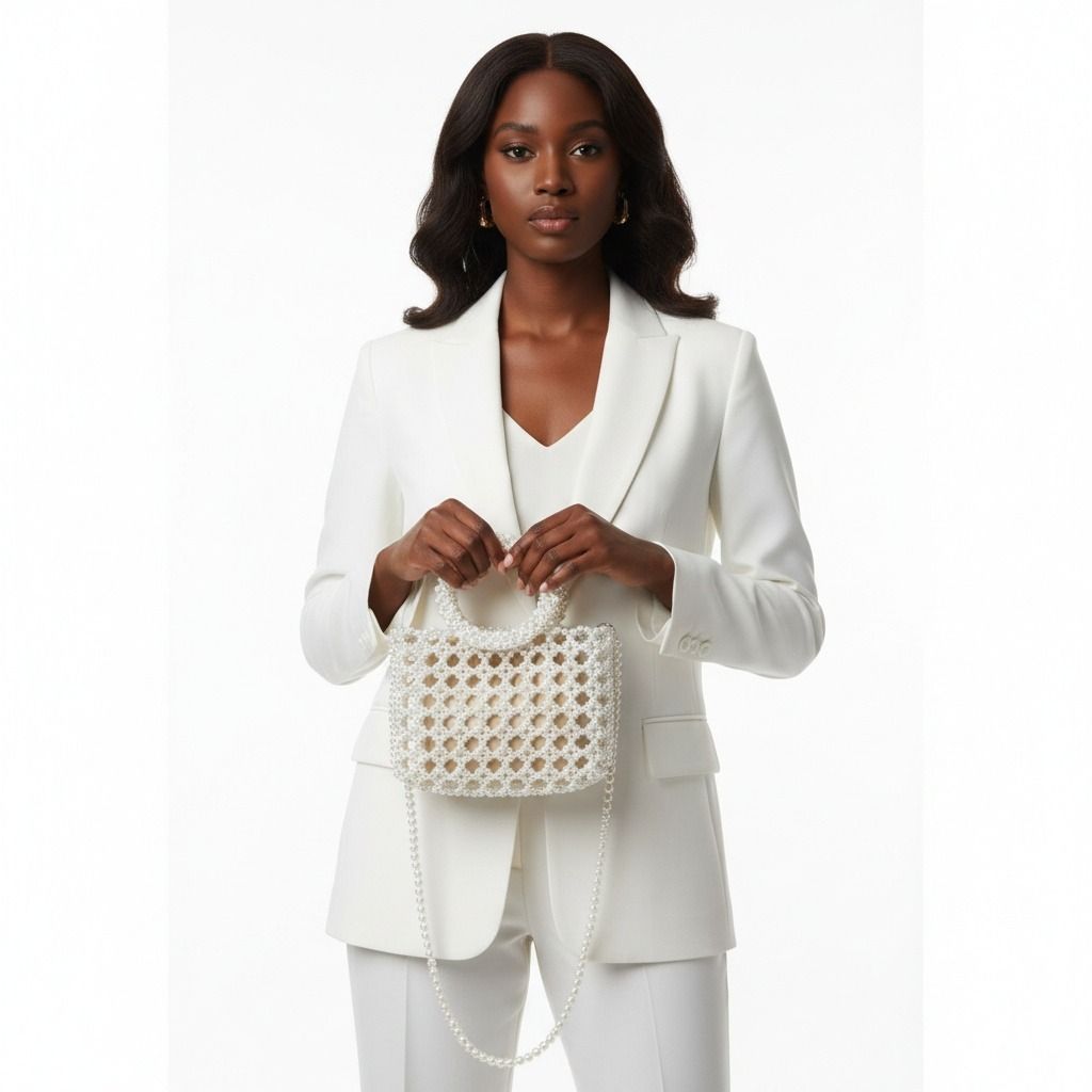 Top Handle Square White Pearl Woven Handbag