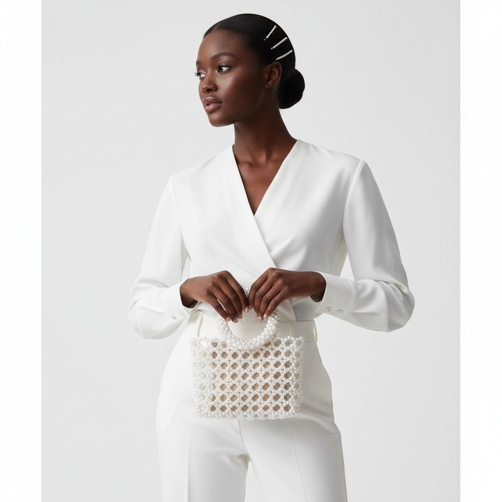 Top Handle Square White Pearl Woven Handbag