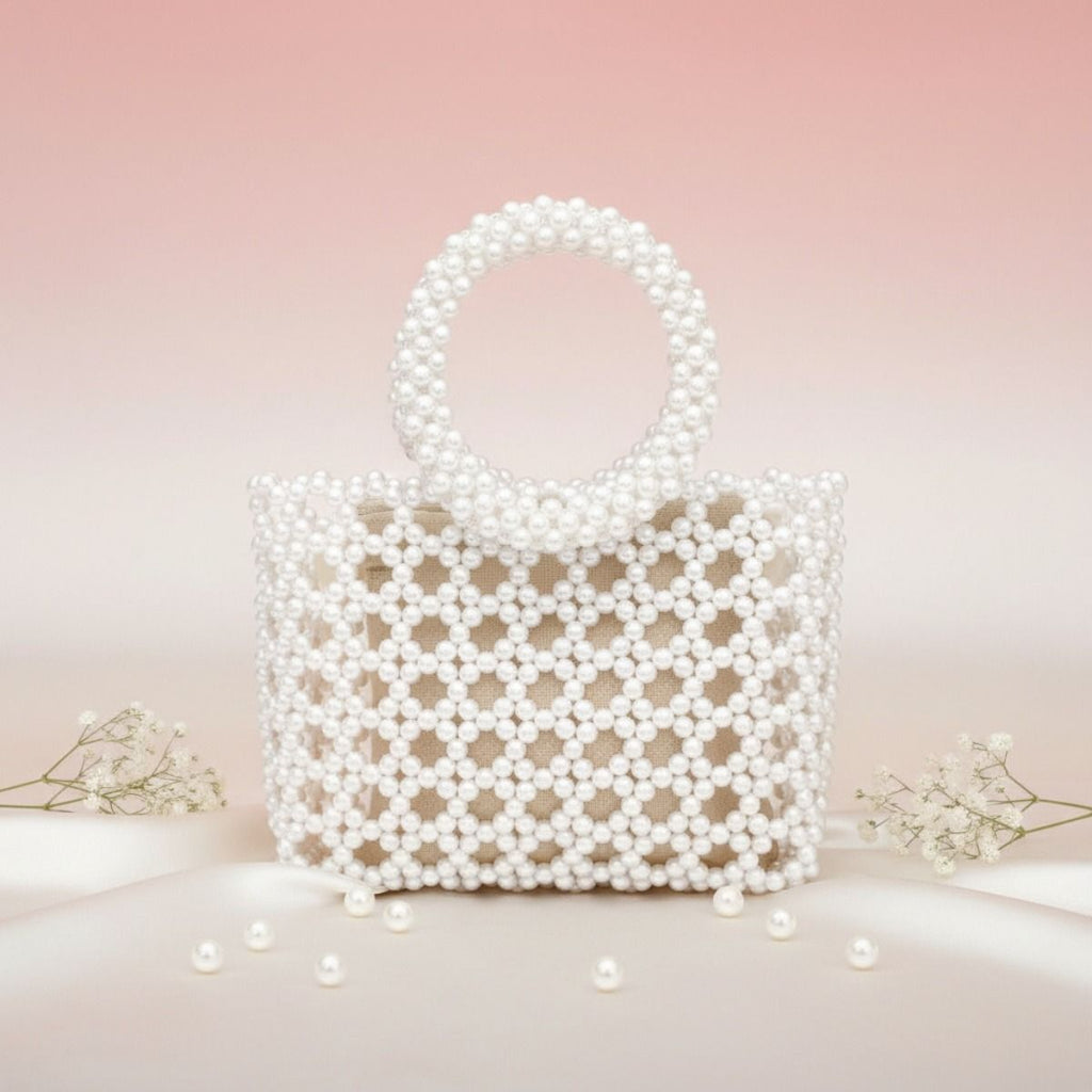 Top Handle Square White Pearl Woven Handbag