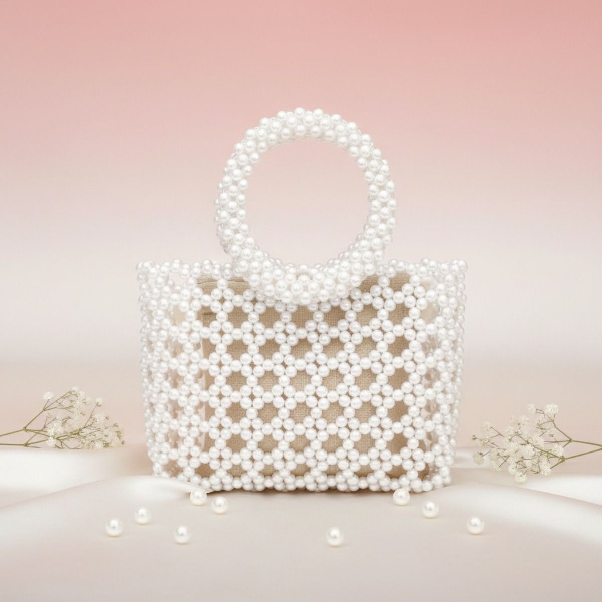 Top Handle Square White Pearl Woven Handbag