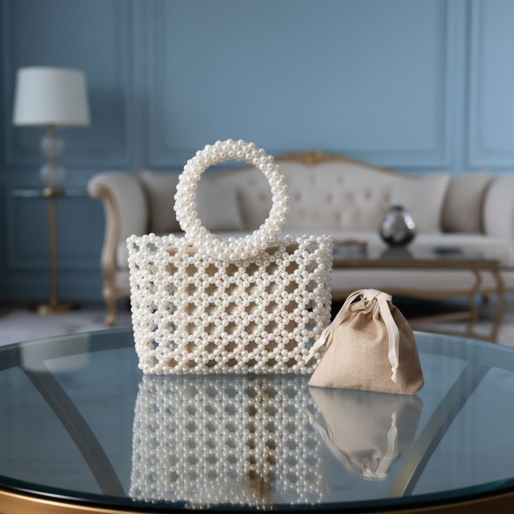 Top Handle Square White Pearl Woven Handbag