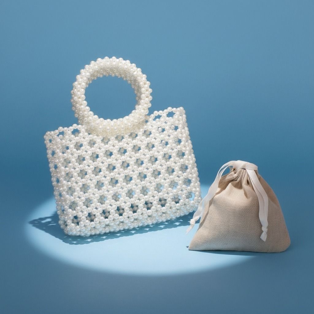 Top Handle Square White Pearl Woven Handbag