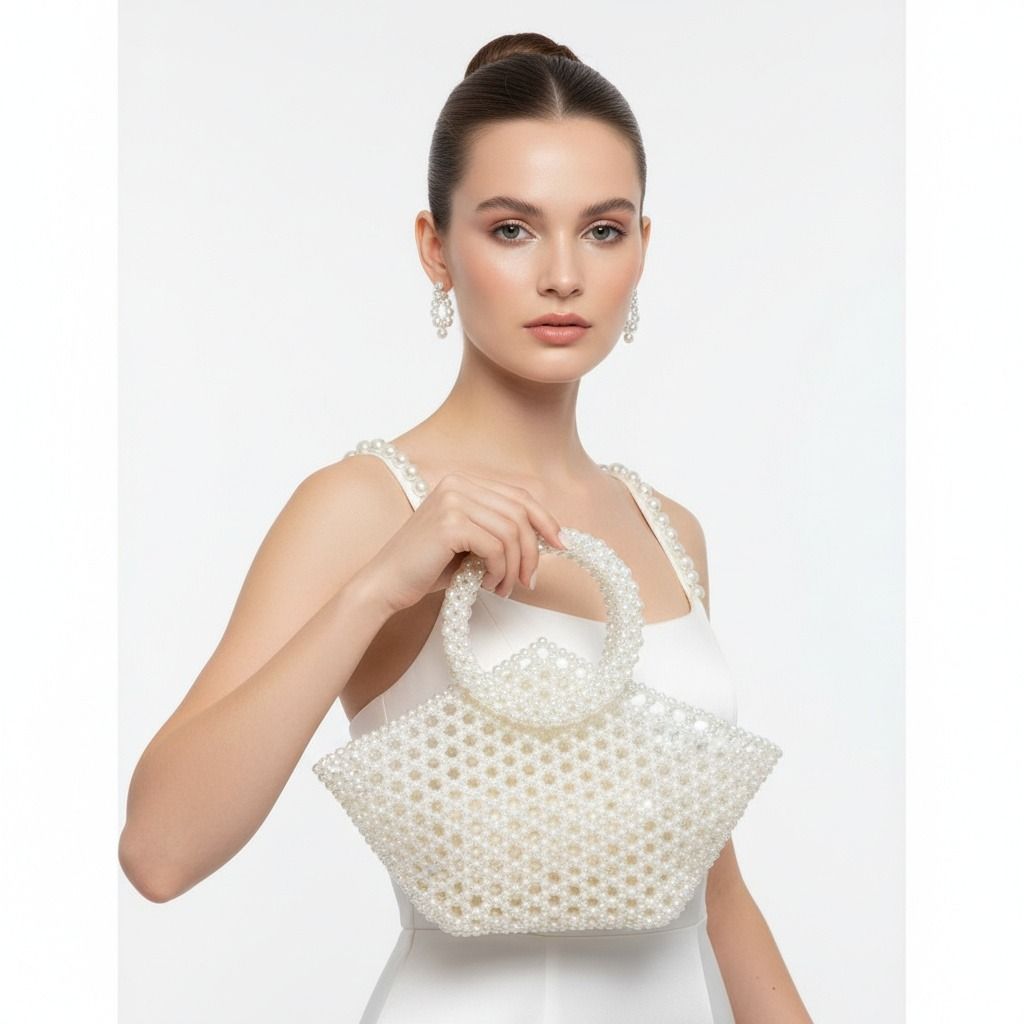 Top Handle Trapeze Cream Pearl Woven Handbag Bag