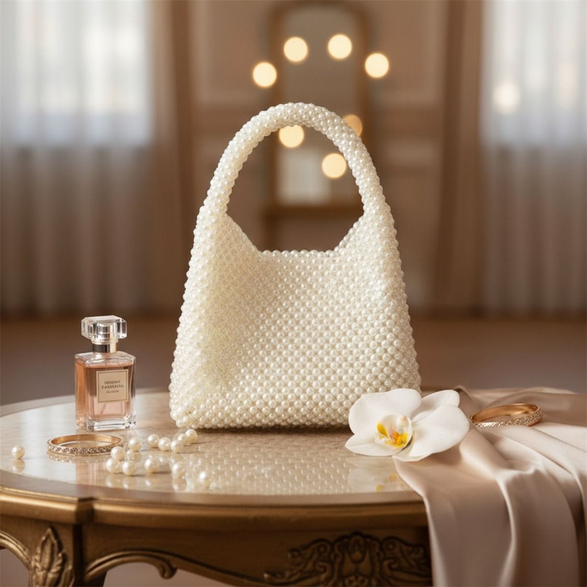 Top Handle Luxe Lady Cream Pearl Hollywood Handbag