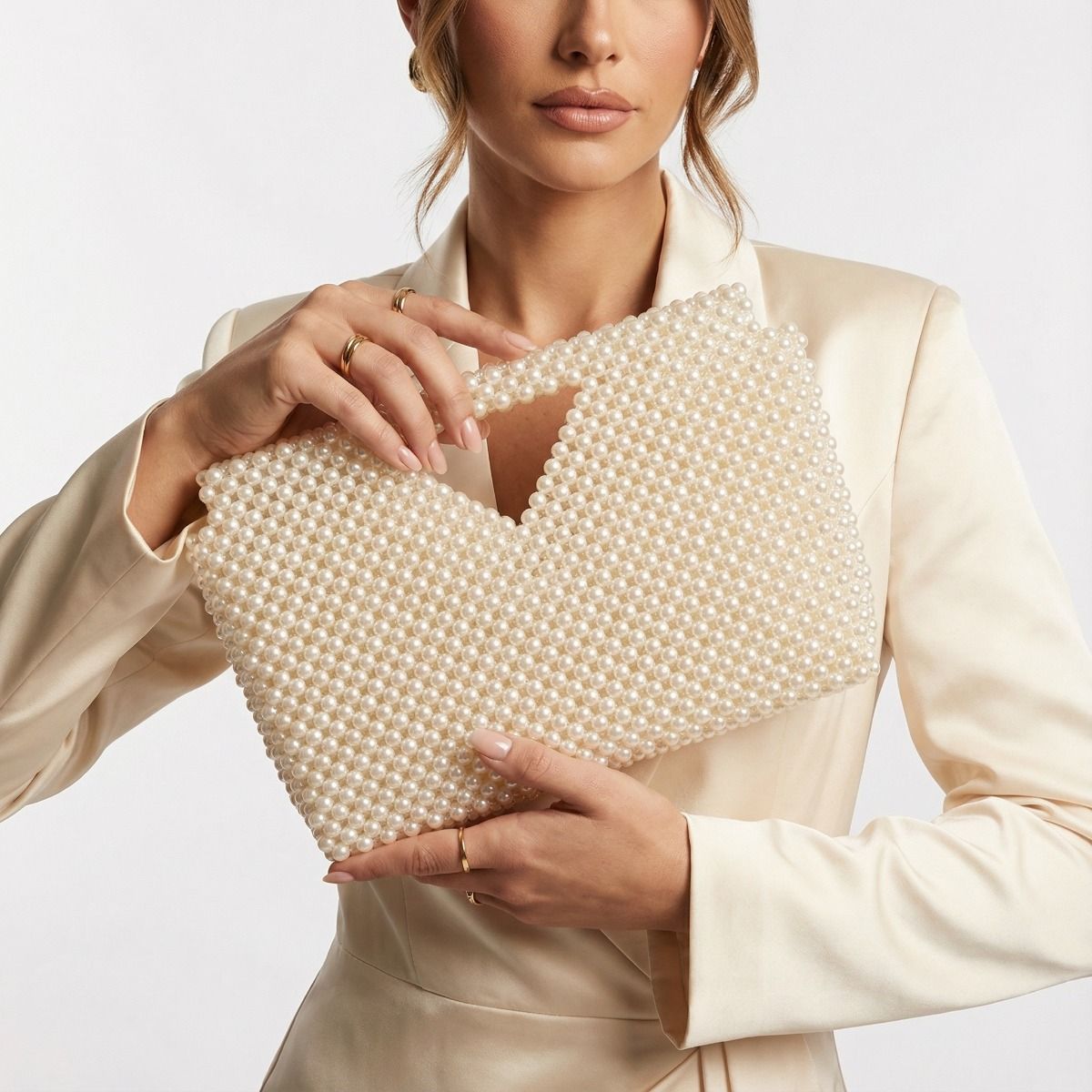 Clutch Cream Pearl Open Top Handmade Bag