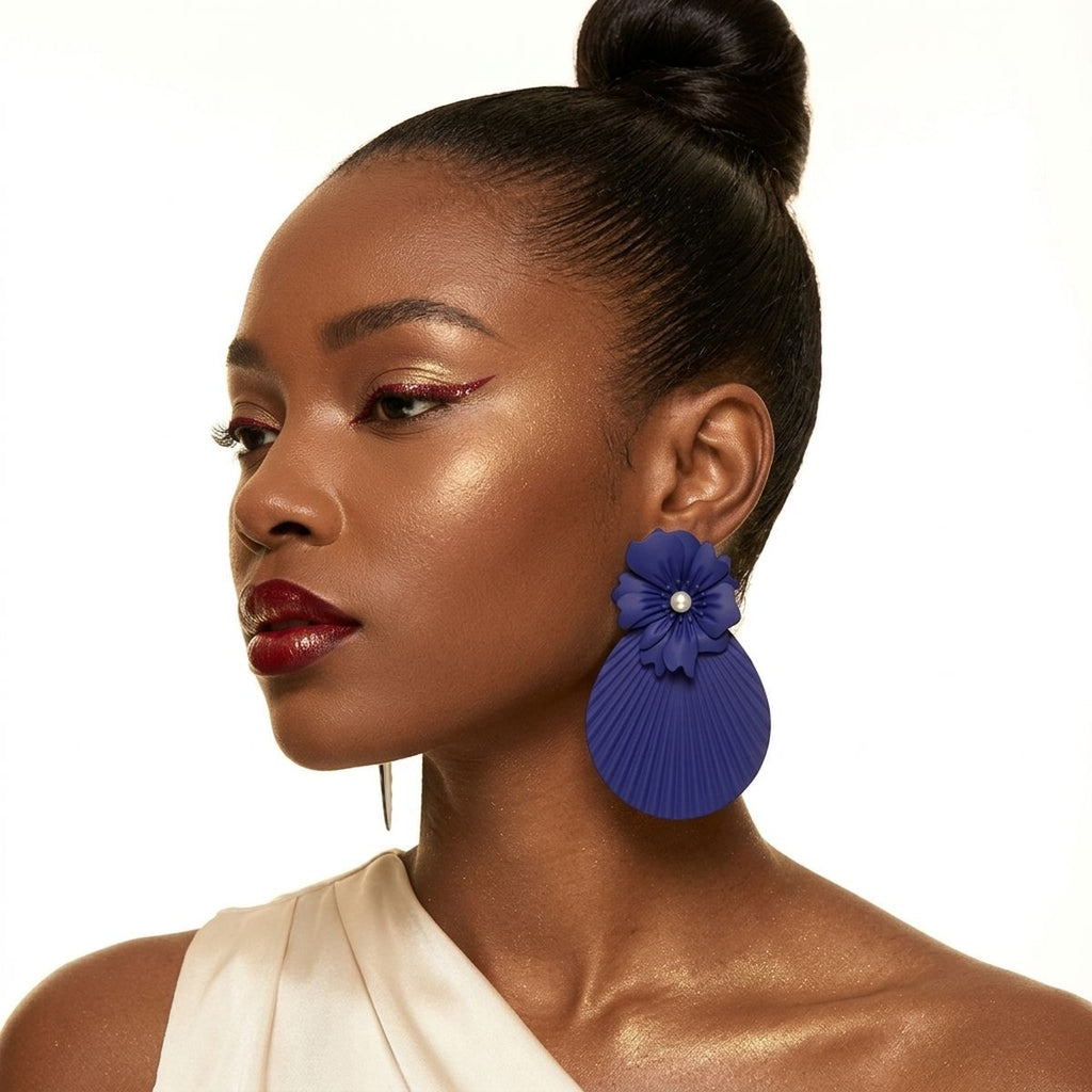 Large Stud Blue Flower Fanned Teardrop Earrings