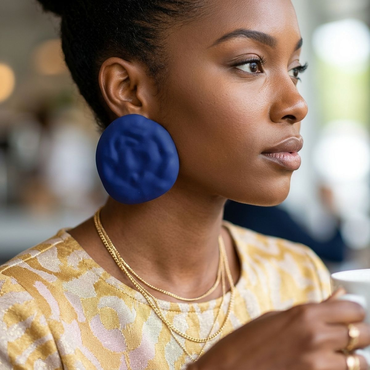 Blue Stud XL Hammered Gold Domed Disc Earrings