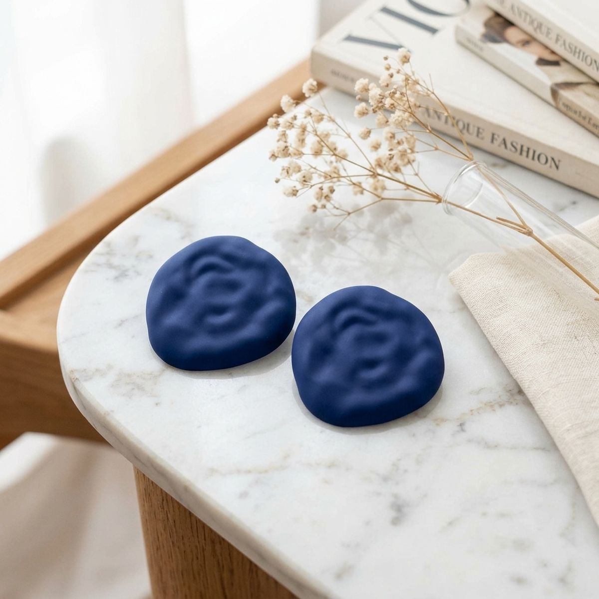 Blue Stud XL Hammered Gold Domed Disc Earrings