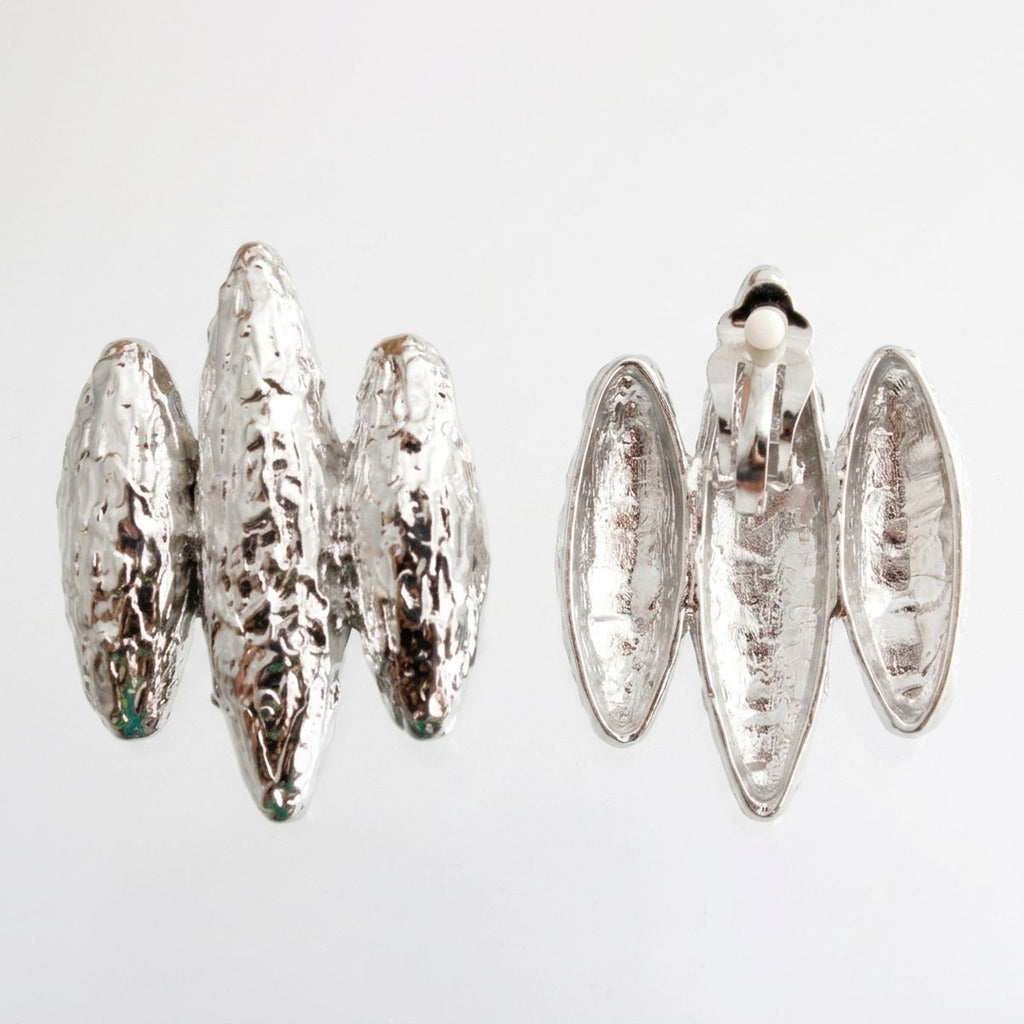 Front and back views of silver textured triple-rib clip-on earrings with paddle-back clip closures on a white background.