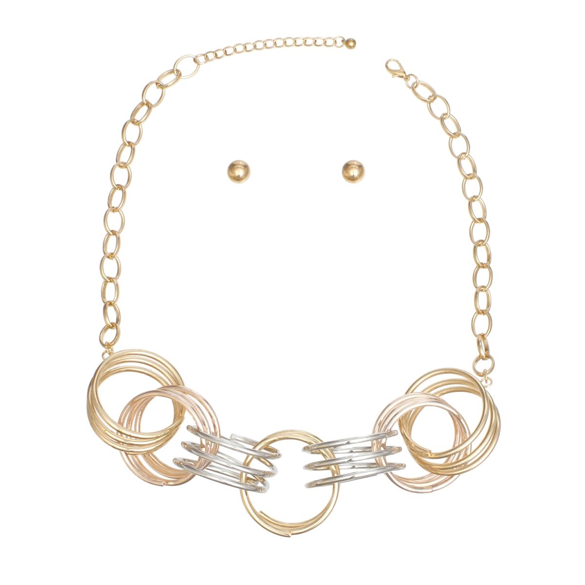 Overhead flat lay of a mixed metal multi-wire open ring collar necklace on a white background. The collar section features five linked oversized multi-wire open rings in gold, rose gold, and silver tone. A gold tone oval link chain with lobster clasp and 3-inch extender is visible at the top. Two small gold tone ball stud earrings with butterfly post backings are displayed above the necklace.