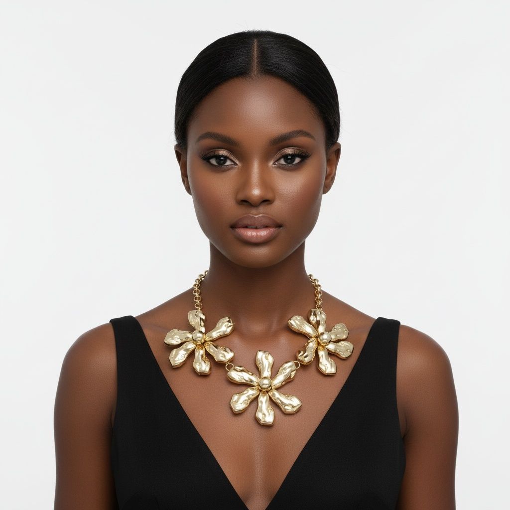 Woman wearing gold chunky triple flower statement bib necklace over black sleeveless v-neck top, hammered petal detail with dome centers, white studio background