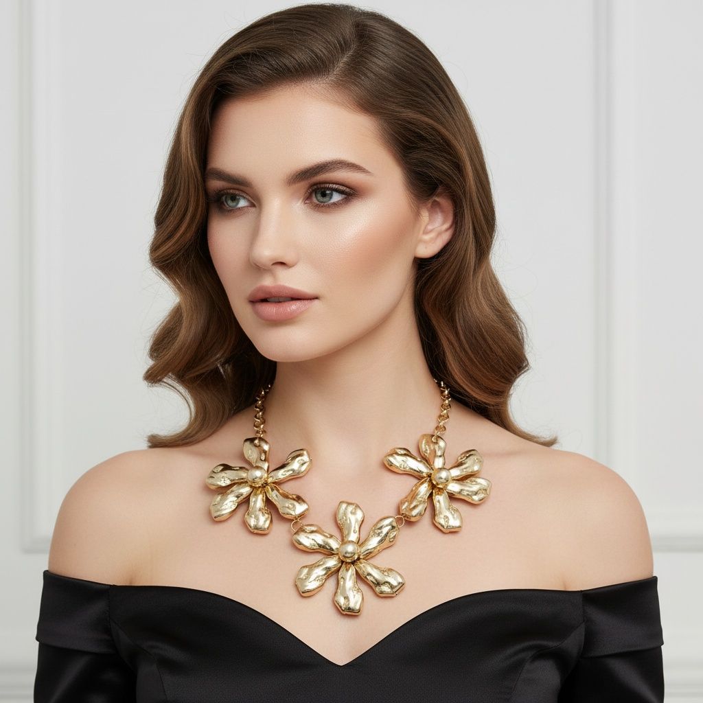 Woman wearing gold triple floral bib statement necklace with hammered chunky petals and dome centers, styled with black off-shoulder satin top against white paneled wall