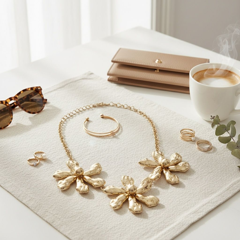 Gold chunky triple floral bib necklace with hammered petal texture laid flat on cream linen surface, styled with gold cuff bracelet, stacked rings, hoop earrings, tortoiseshell sunglasses, tan wallet, and coffee cup