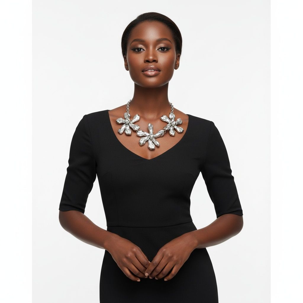 Woman wearing silver chunky triple flower statement bib necklace with hammered acrylic petals and dome centers, styled with black v-neck elbow-sleeve midi dress, white studio background