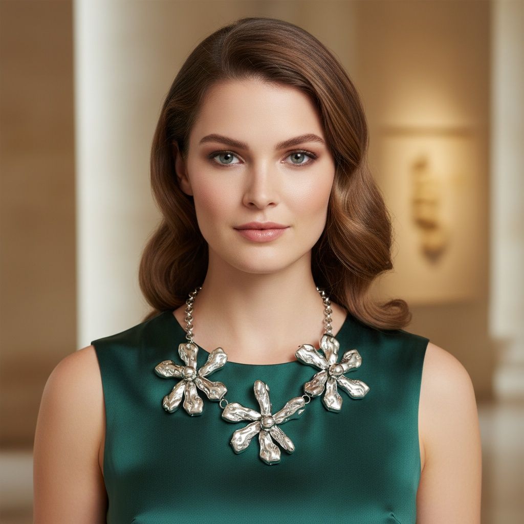 Woman wearing silver chunky triple floral bib necklace with hammered organic petal texture and dome centers, styled with emerald green satin sleeveless top, warm column interior background