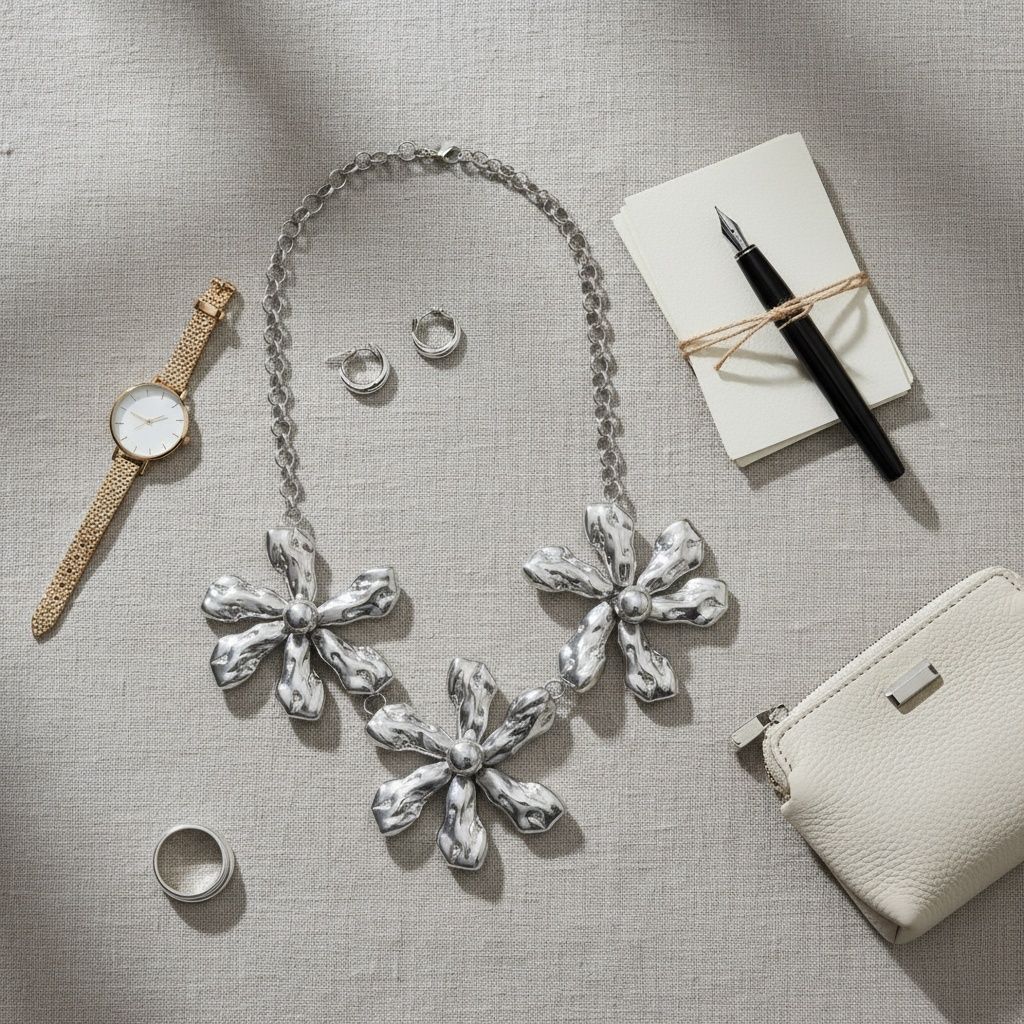 Silver chunky triple floral bib necklace with marbled grey and white acrylic hammered petals laid flat on grey linen surface, styled with silver hoop earrings, silver band ring, gold mesh watch, white zip wallet, cream notepad, and black fountain pen