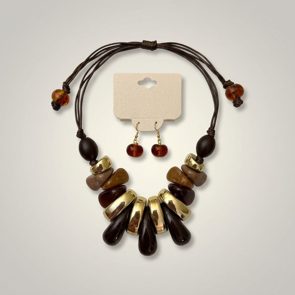 Brown & Gold Resin Teardrop Cord Tribal Necklace