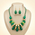 Green & Gold Resin Teardrop Cord Tribal Necklace