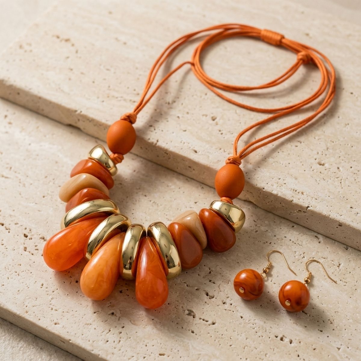 Orange & Gold Resin Teardrop Cord Tribal Necklace