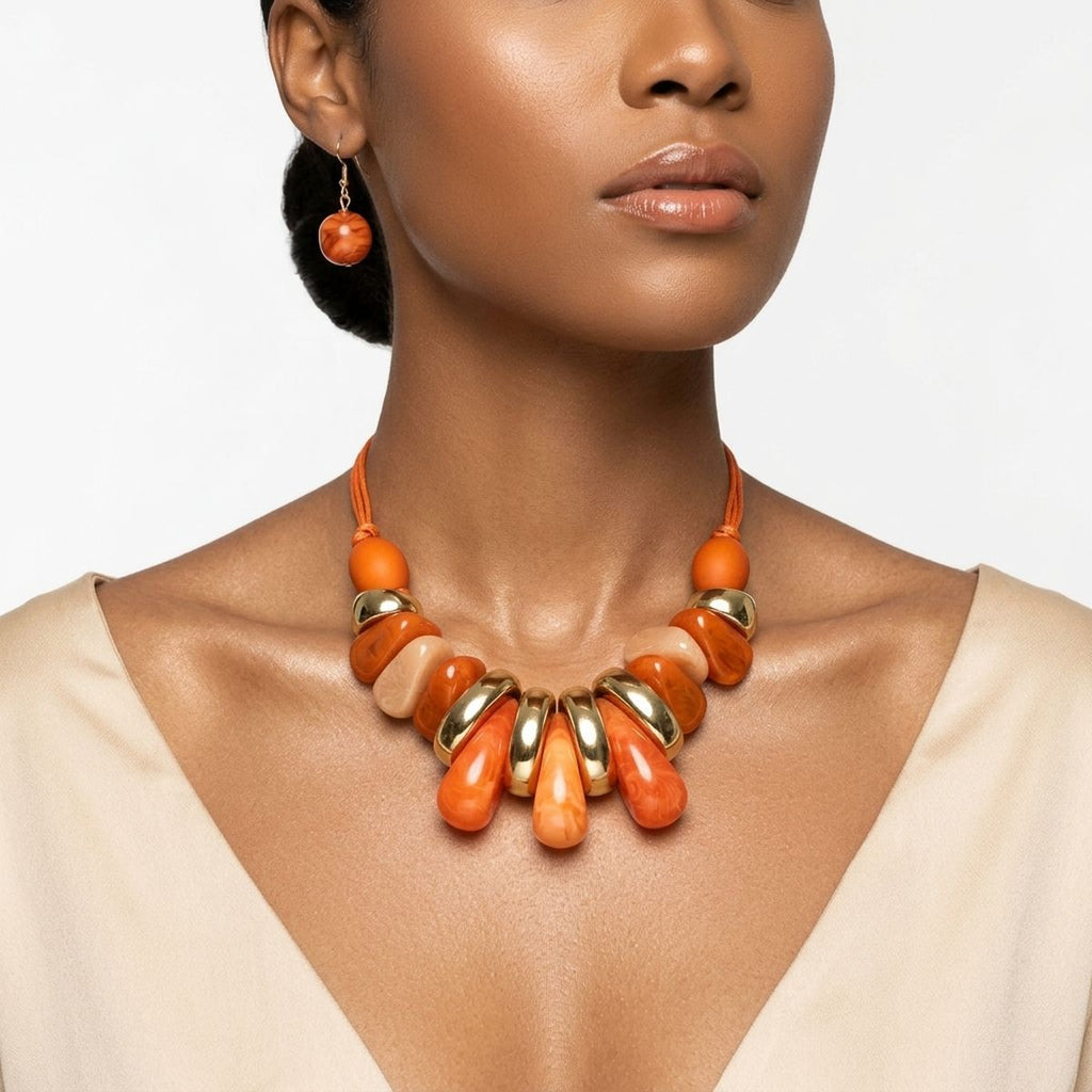 Orange & Gold Resin Teardrop Cord Tribal Necklace