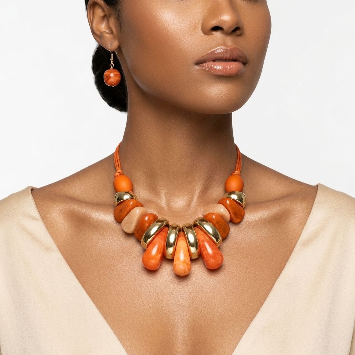 Orange & Gold Resin Teardrop Cord Tribal Necklace
