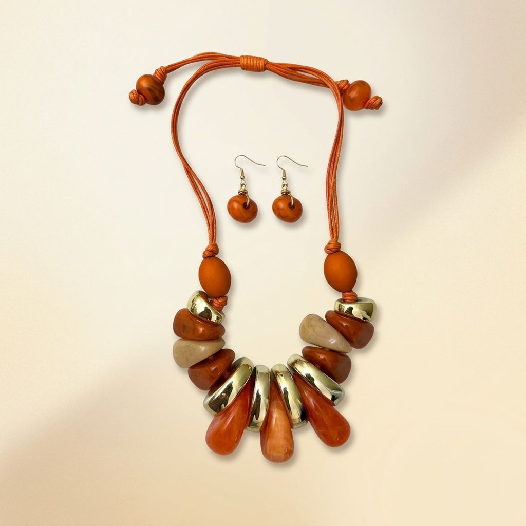 Orange & Gold Resin Teardrop Cord Tribal Necklace