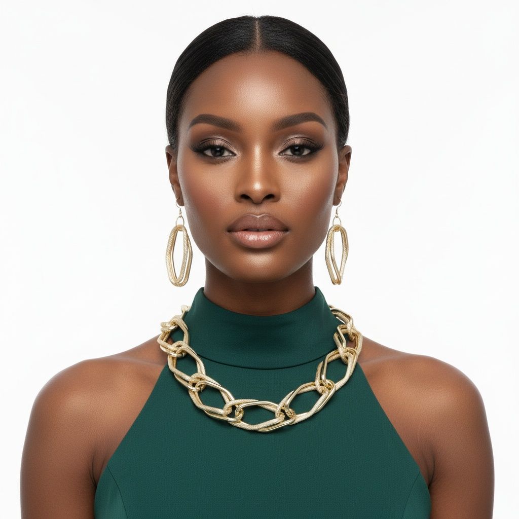 A woman with dark skin, sleek pulled-back hair, and neutral makeup poses against a white background wearing a green halter top. She wears an oversized diamond cut geometric open link chain necklace in matte gold tone at the collarbone, paired with matching open geometric diamond-shaped drop earrings with fish hook backs.