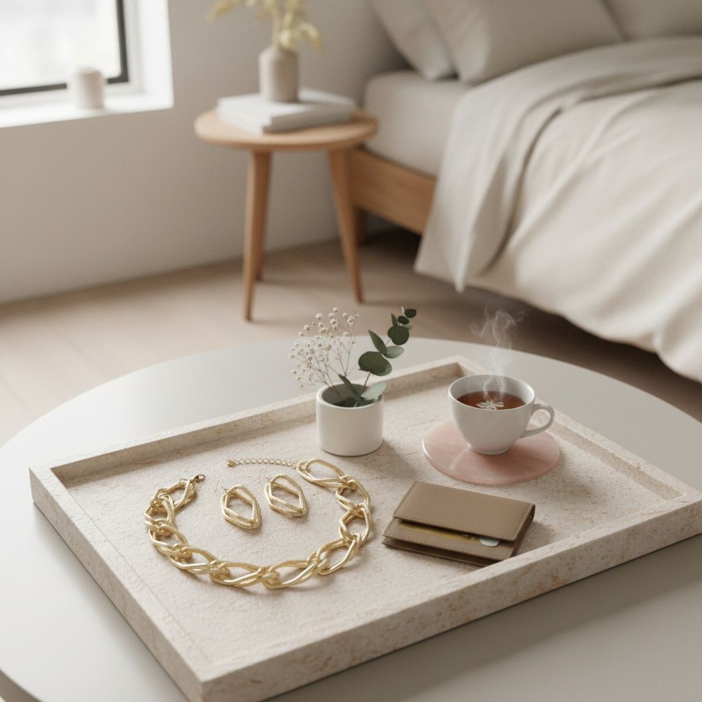 Lifestyle flat lay of an oversized diamond cut geometric open link chain necklace in matte gold tone and two matching open geometric drop earrings arranged on a square travertine stone tray. A steaming cup of tea on a pink saucer, a small white pot with eucalyptus and baby's breath, and a tan wallet are also on the tray, with a beige sofa and round wood side table in the background.