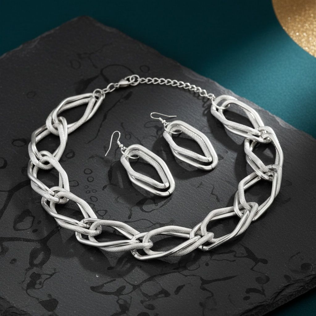 Overhead flat lay of an oversized diamond cut geometric open link chain necklace in rhodium silver tone arranged in a circle on a dark wet slate stone surface with a teal background and partial gold sphere visible in the upper right corner. Two matching open oval drop earrings with fish hook backs featuring alternating smooth polished and textured diamond cut finishes are displayed in the center of the necklace loop.