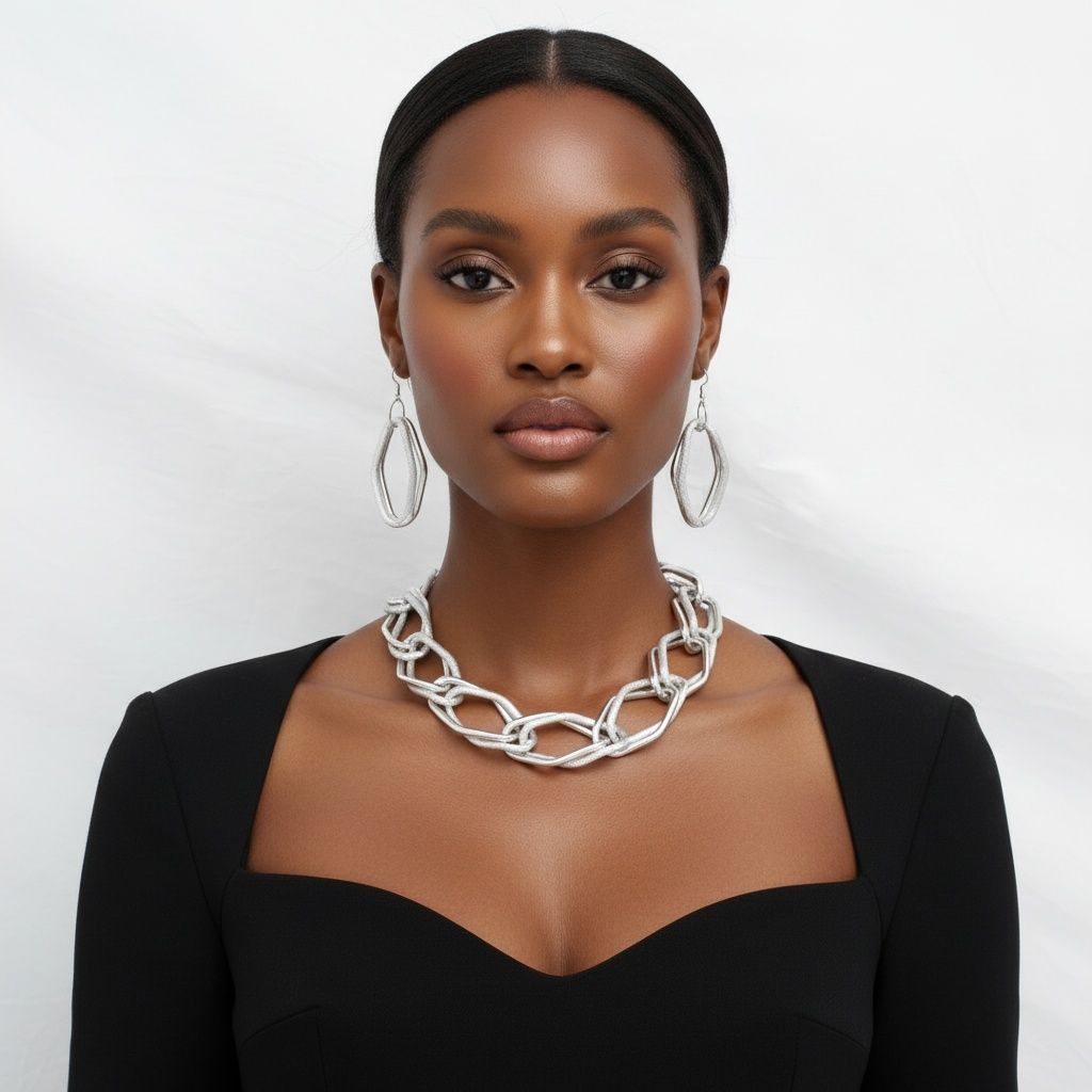 A woman with dark skin, sleek pulled-back hair, and neutral makeup poses against a white background wearing a black square-neck top. She wears an oversized diamond cut geometric open link chain necklace in rhodium silver tone at the collarbone, paired with matching open oval drop earrings with fish hook backs in rhodium silver tone.