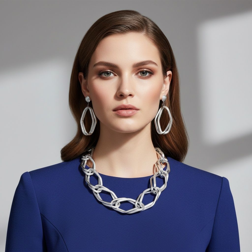 A woman with light skin and medium-length brown hair poses against a grey background wearing a cobalt blue long-sleeve top. She wears an oversized diamond cut geometric open link chain necklace in rhodium silver tone at the collarbone, paired with matching open diamond-shaped drop earrings with fish hook backs in rhodium silver tone.