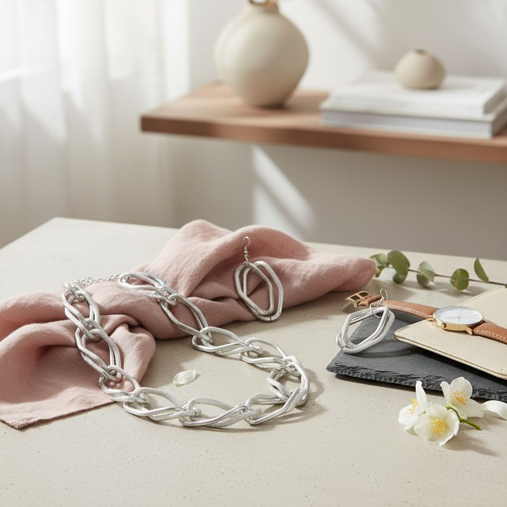 Lifestyle flat lay of an oversized diamond cut geometric open link chain necklace in rhodium silver tone draped over a blush pink linen cloth on a beige table surface. One matching open oval drop earring with a fish hook back is visible on the cloth. A grey slate coaster, tan leather wallet, gold and brown leather watch, white jasmine flowers, and eucalyptus sprigs are arranged nearby, with a wood floating shelf and ceramic vases in the background.