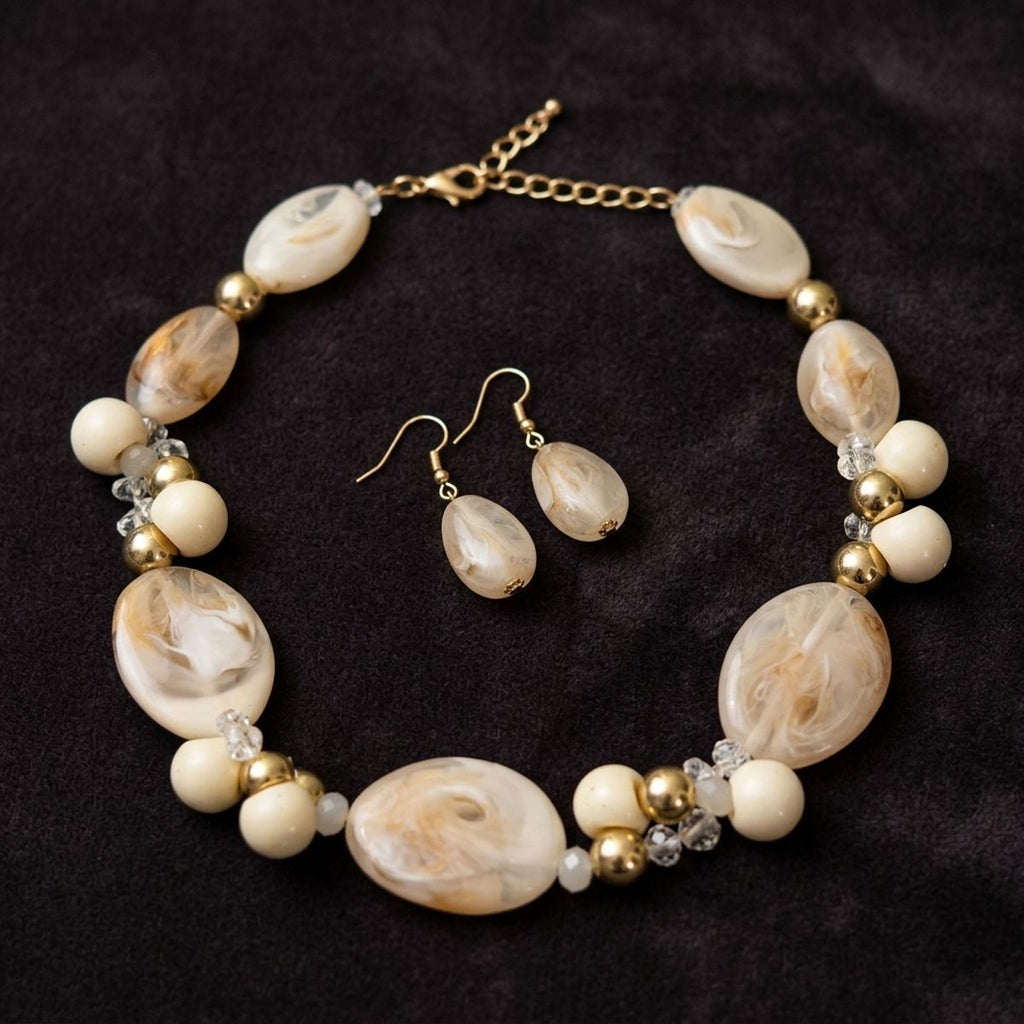 Creamy Ivory Marbled Oval Bead Collar Necklace