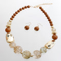 Brown and clear gold-flake beaded necklace with matching round drop earrings on a white background
