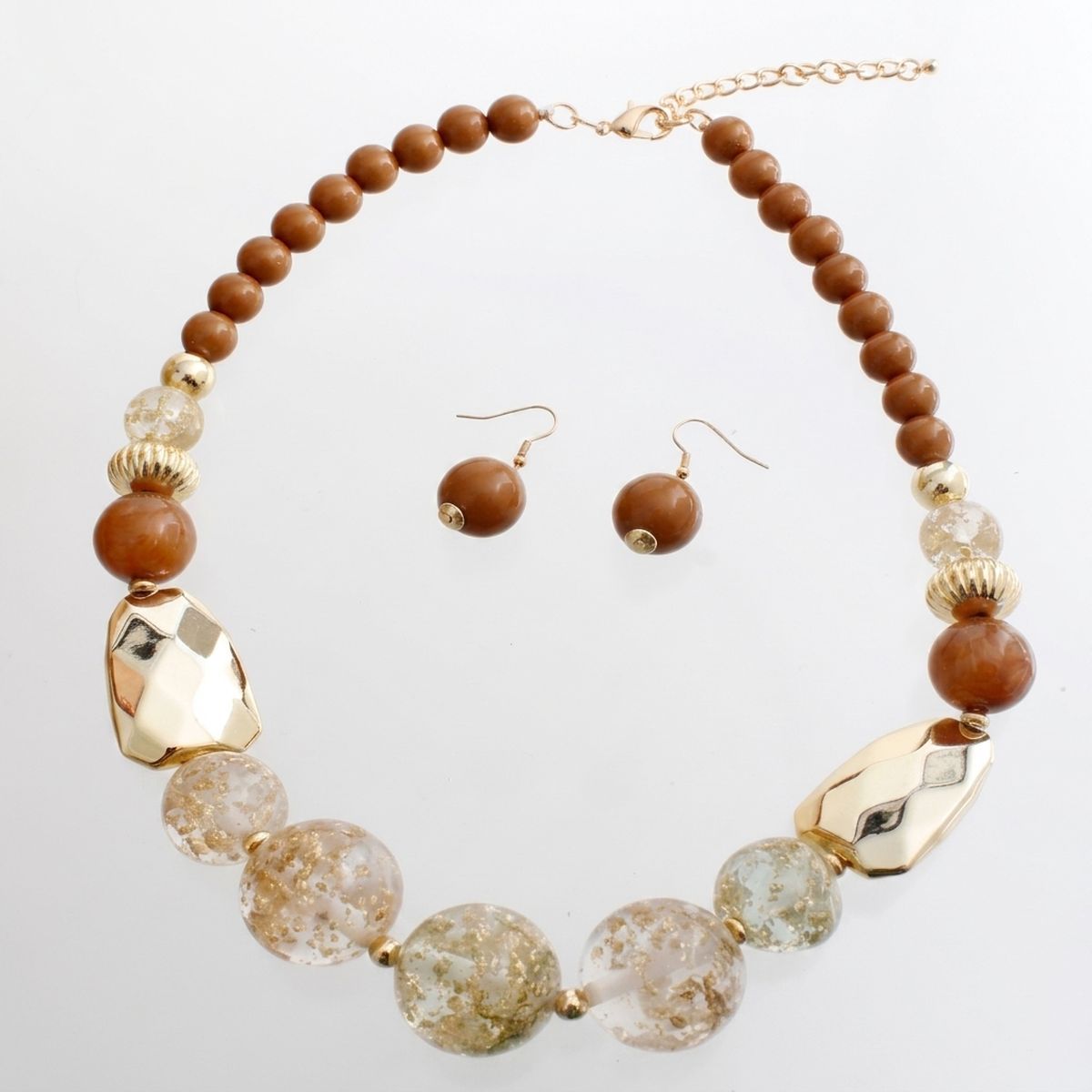 Brown and clear gold-flake beaded necklace with matching round drop earrings on a white background