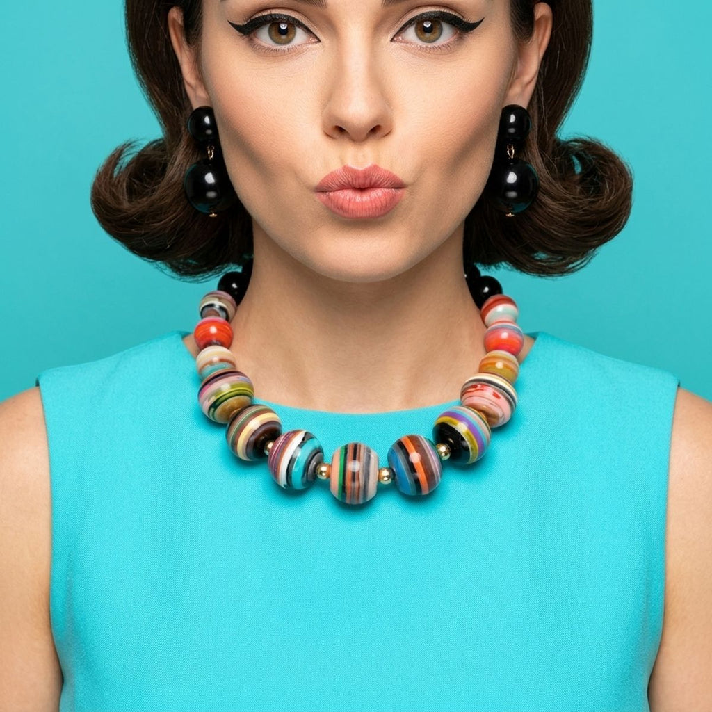 Multicolor Striped Resin Chunky Beaded Necklace