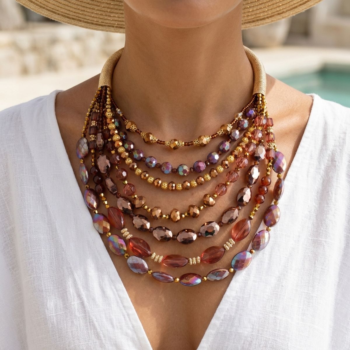 Model wearing a layered purple, bronze, brown, and champagne crystal bib necklace with a gold-tone coil collar