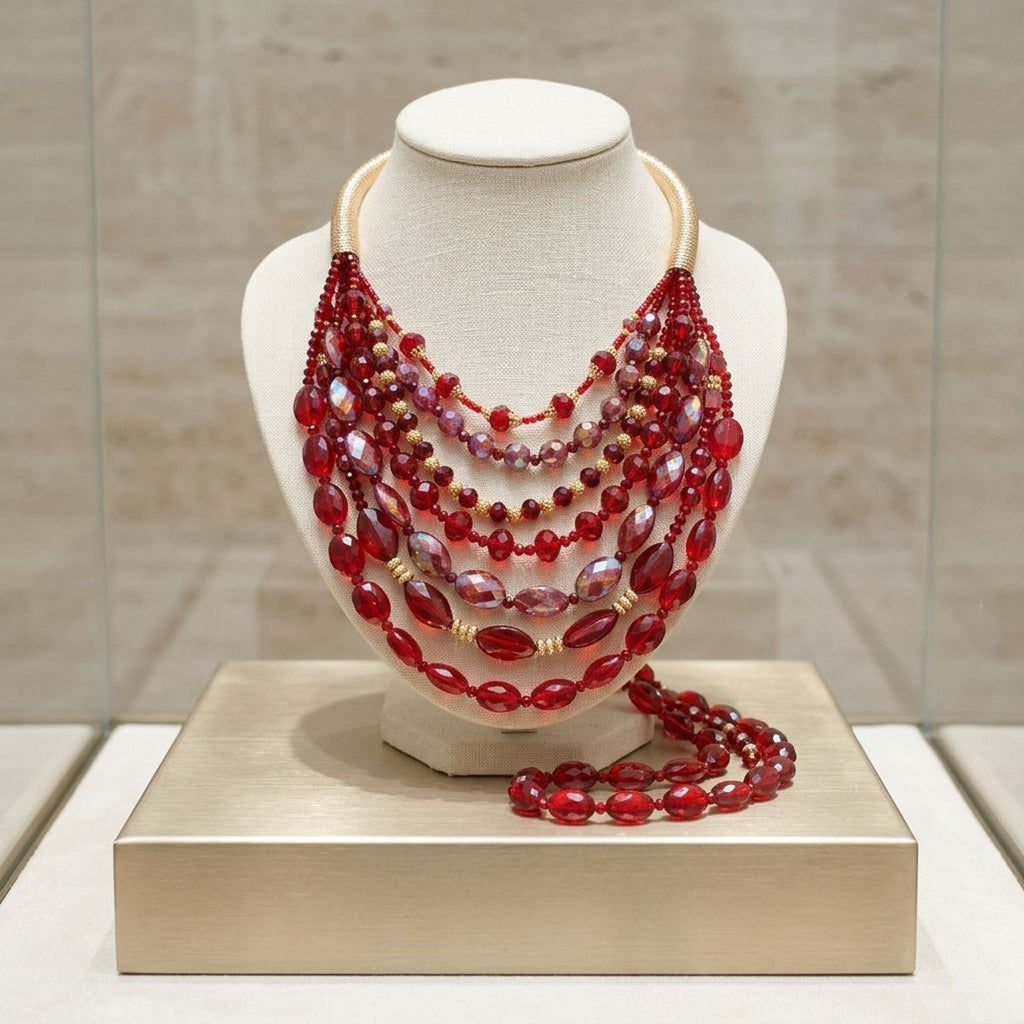 Layered Red Crystal Beads & Gold Coil Necklace