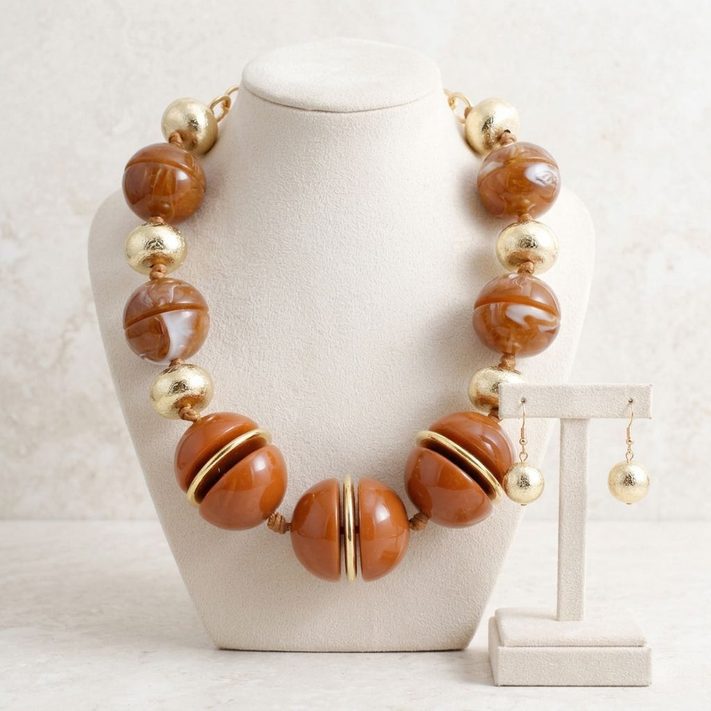 Swirled Caramel Brown Marble Chunky Bead Necklace